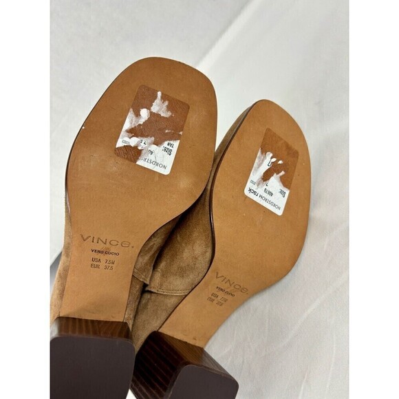 Vince Maggie Square Toe Boots Tan Brown Suede 7.5 M Sculptural Block Heel - Picture 6 of 13